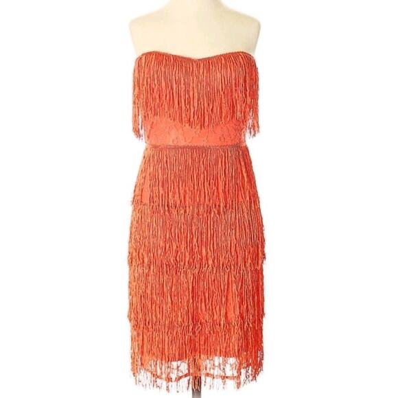 Asos Coral Orange Fringe Western Flapper Strapless Dress Lace Detail New Size 12 - Picture 1 of 13